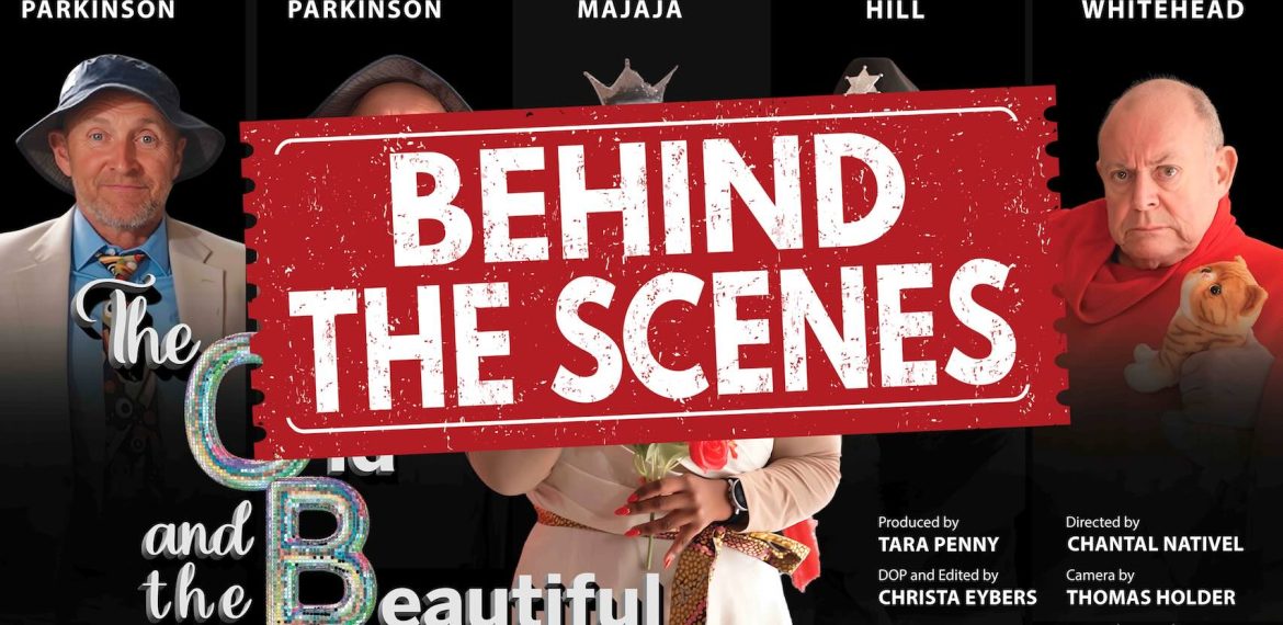 A red sign with white text reading BEHIND THE SCENES covers part of a movie poster featuring four actors, their names above their images, two wearing hats, and one holding a small dog. Credits are listed at the bottom.