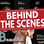 A red sign with white text reading BEHIND THE SCENES covers part of a movie poster featuring four actors, their names above their images, two wearing hats, and one holding a small dog. Credits are listed at the bottom.