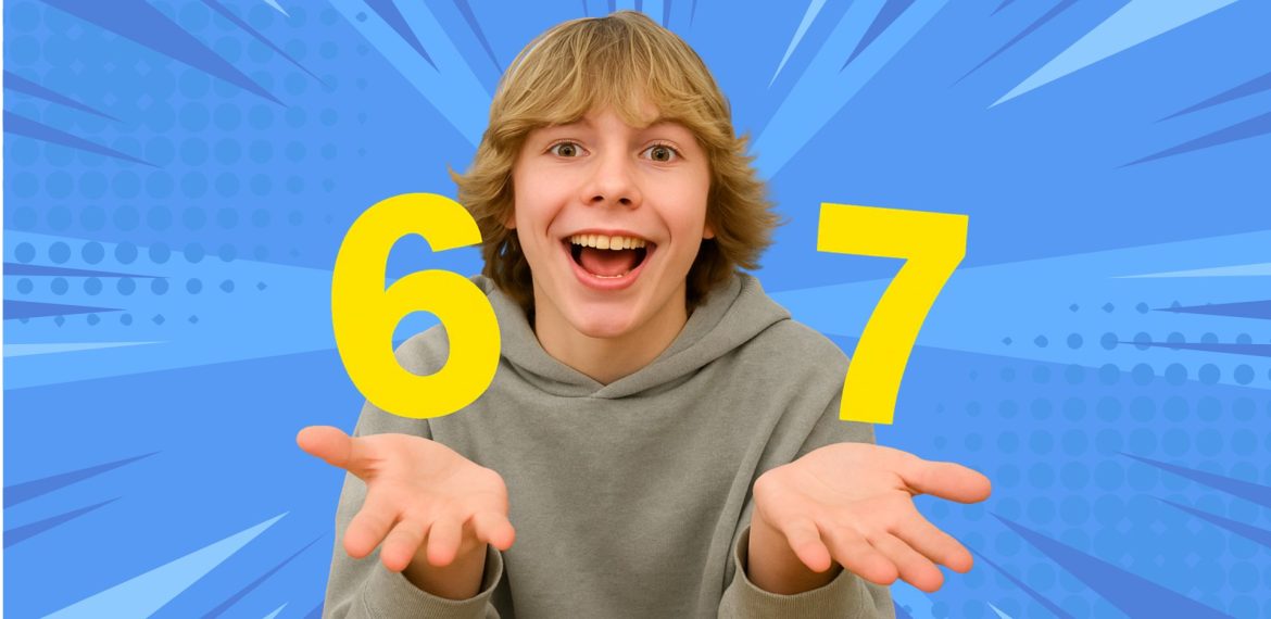 A smiling teenager in a gray hoodie holds up both hands with large yellow numbers 6 and 7 floating above each palm, set against a blue comic-style background with radiating lines.