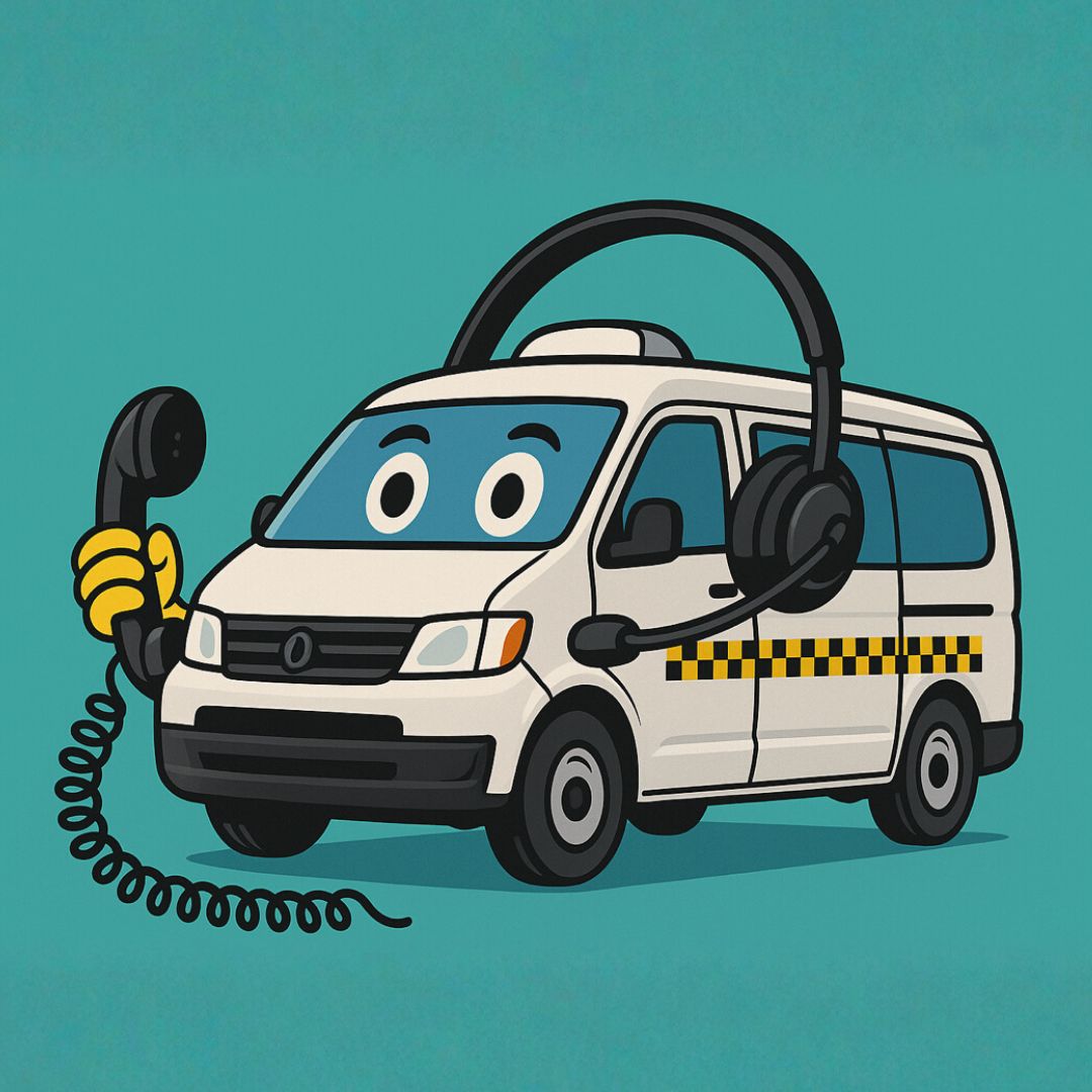A cartoon taxi van with eyes and a mouth wears large headphones and holds a telephone handset, chatting away in front of a teal background. The playful scene includes a subtle nod to Olivedale Windmill in the backdrop.