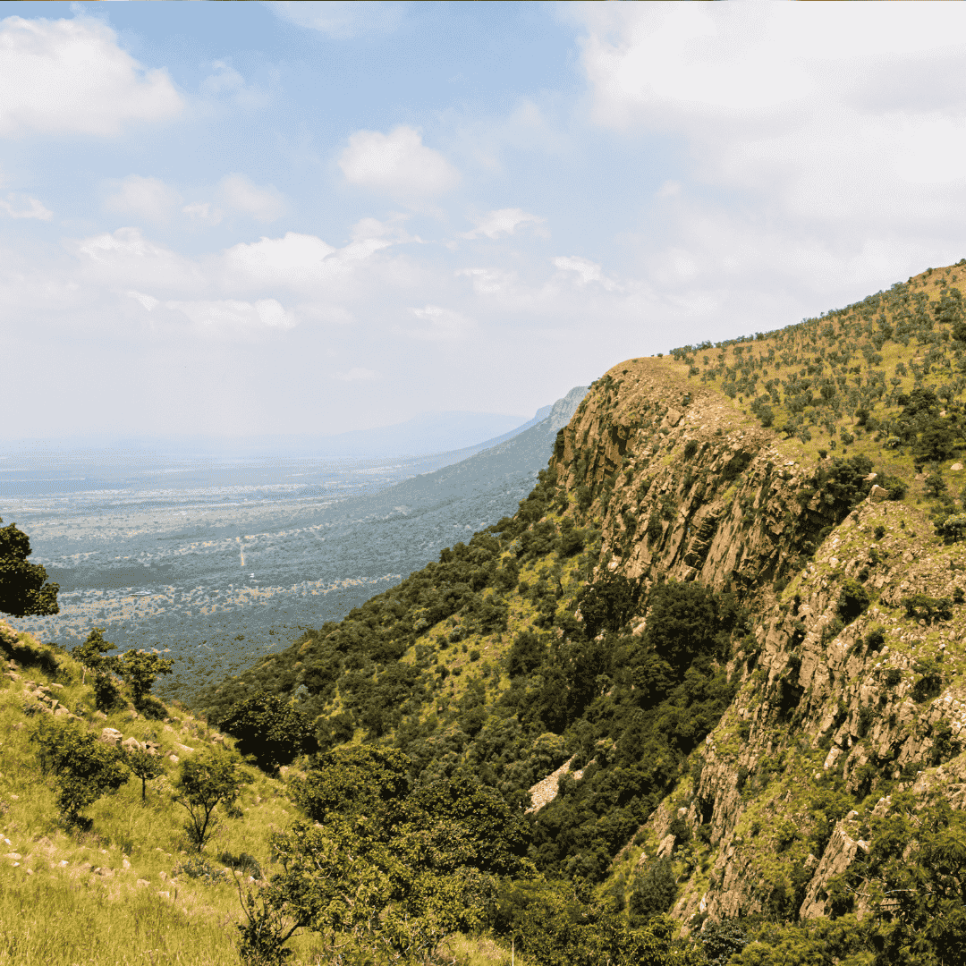 A scenic view of a lush, green cliffside with rocky slopes and scattered trees, overlooking a vast, flat plain under a partly cloudy sky.