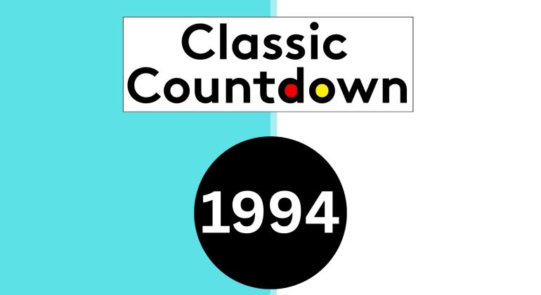 A graphic with Classic Countdown in bold text, the o in Classic Countdown yellow and the d red. Below, a black circle features 1994 in white. The background is split teal on the left and white on the right.