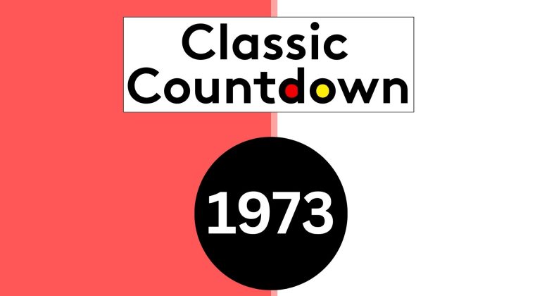 Graphic featuring Classic Countdown in bold black letters, with the o in Countdown colored yellow and red. Below is a black circle displaying 1973 in white. The background is split between red and white for a striking Classic Countdown look.