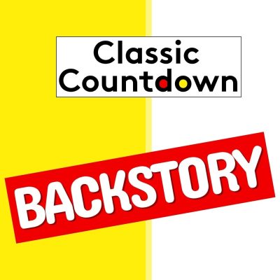 A graphic with Classic Countdown in black and red text on a white background, BACKSTORY in bold white letters on a red slanted banner, over a split yellow and white background with a subtle blur effect for added depth.