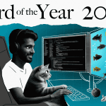 A person with headphones sits at a desk using a computer with two monitors, holding a cat. One screen shows code, the other displays images of Magaliesberg fish. Text above reads “Word of the Year 2025.” A toy mouse and yarn ball are on the desk.