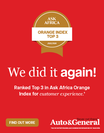 A red advertisement announces Auto & General ranked Top 3 in the 2025/2026 Ask Africa Orange Index for customer experience, with a gold badge and a Find Out More button at the bottom.