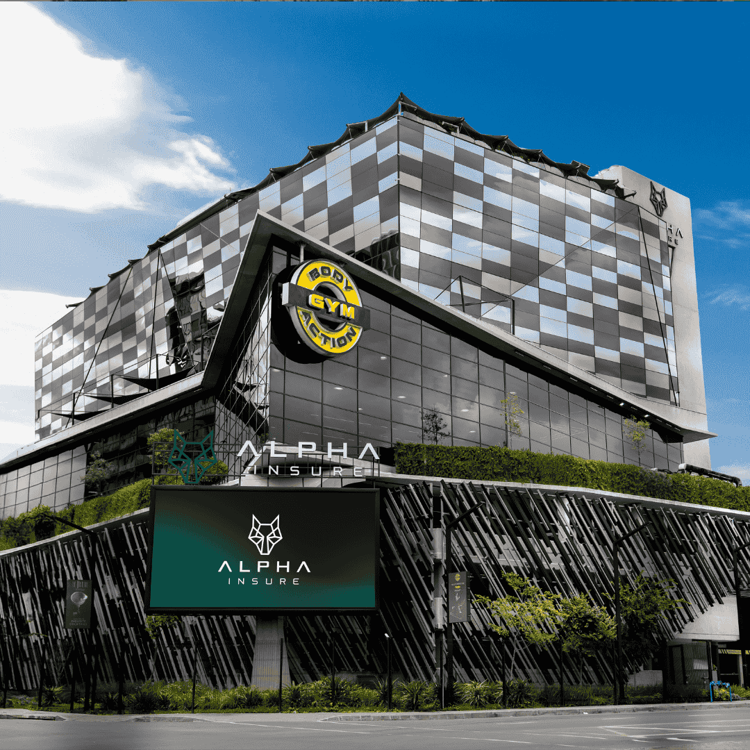 A modern glass building with a large “BODY GYM” sign and a digital billboard displaying “ALPHA INSURE” at street level, presenting exciting business opportunities under a partly cloudy blue sky.