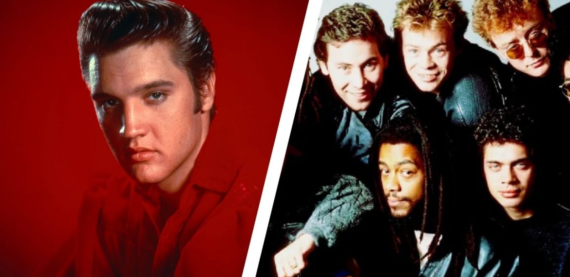Split image: On the left, a man with slicked-back hair poses against a red background. On the right, a group of five men, smiling, pose closely together against a white background—perfect for album covers.
