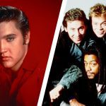 Split image: On the left, a man with slicked-back hair poses against a red background. On the right, a group of five men, smiling, pose closely together against a white background—perfect for album covers.