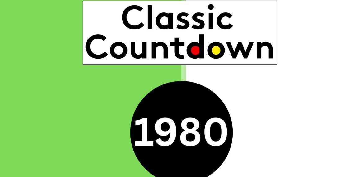 A split green and white background features the bold Classic Countdown logo above a black circle with 1980 in white. The o and u in "Countdown" are uniquely colored yellow and red for added vibrance.
