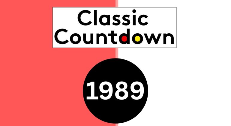 A striking Classic Countdown graphic displays a split red and white background with the words Classic Countdown above a black circle showing 1989 in white, where the "o" is yellow and the "d" is red.
