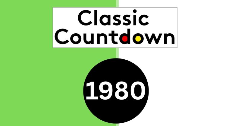 A split green and white background features the bold Classic Countdown logo above a black circle with 1980 in white. The o and u in "Countdown" are uniquely colored yellow and red for added vibrance.