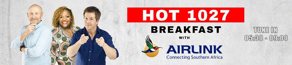 Three smiling radio hosts stand side by side in front of a light background. Text reads: HOT 1027 BREAKFAST with Airlink. Get your day off to a great start and drive into your morning, 05:00 - 09:00. The Airlink logo appears beneath the text.