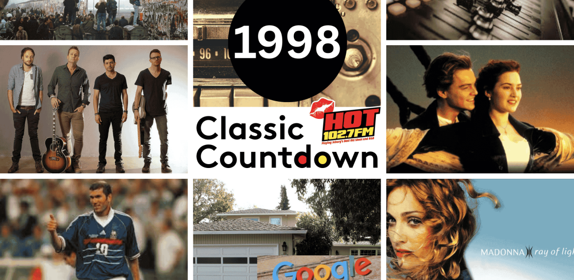 A collage with 1998 Classic Countdown at the center, surrounded by images of a band performing cover versions, a radio, Titanic movie scene, Zidane playing soccer, a house with a Google sign, Madonna, and a soundboard.