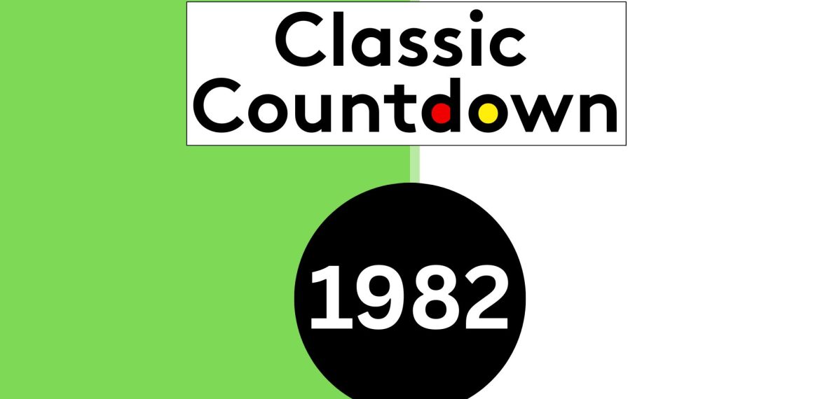 A graphic split vertically into green and white halves. The top has the text Classic Countdown with colored letters, while below, a large black circle with 1982 in white hints at classic songs from that iconic year.