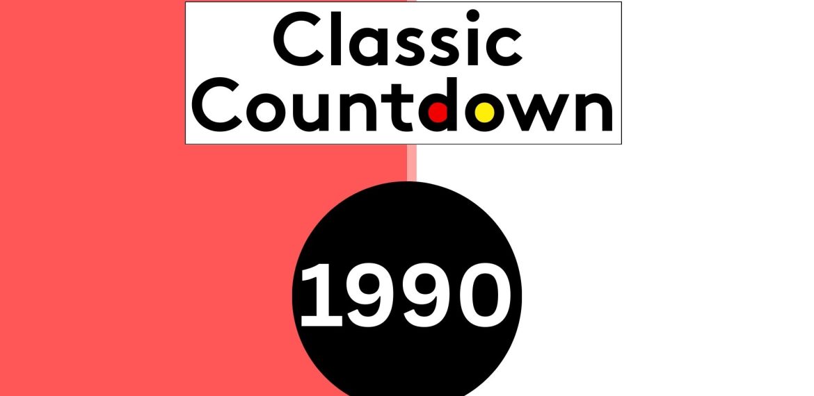A graphic with a red and white split background, displaying the text Classic Countdown above a black circle containing 1990 in white numbers—perfect for reliving top classic songs from the era.