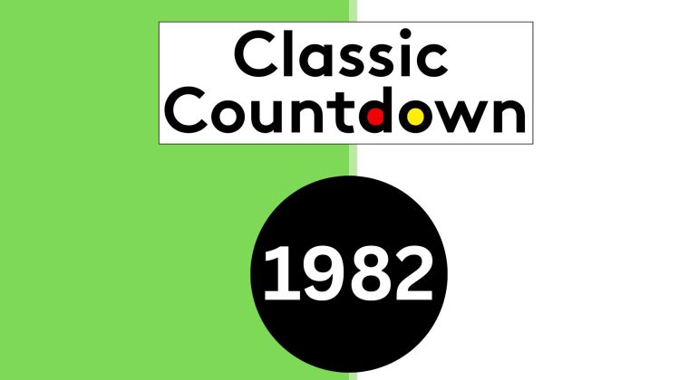 A graphic split vertically into green and white halves. The top has the text Classic Countdown with colored letters, while below, a large black circle with 1982 in white hints at classic songs from that iconic year.