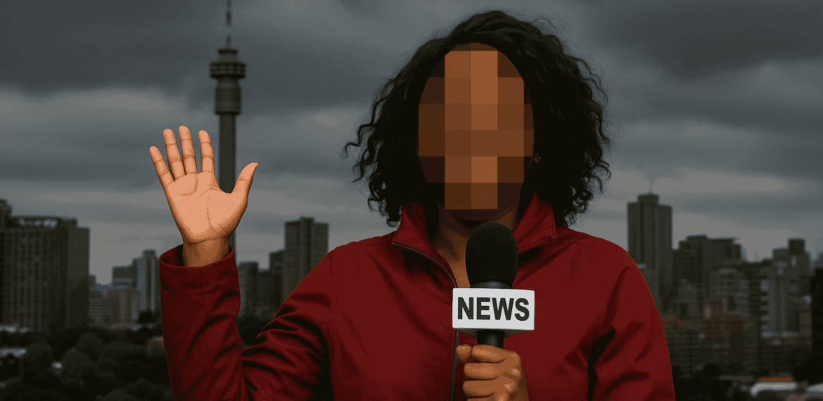 A news reporter with a pixelated face holds a microphone labeled NEWS and raises one hand, standing in front of a city skyline, ready to deliver cross-border updates under a cloudy sky.