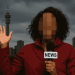 A news reporter with a pixelated face holds a microphone labeled NEWS and raises one hand, standing in front of a city skyline, ready to deliver cross-border updates under a cloudy sky.