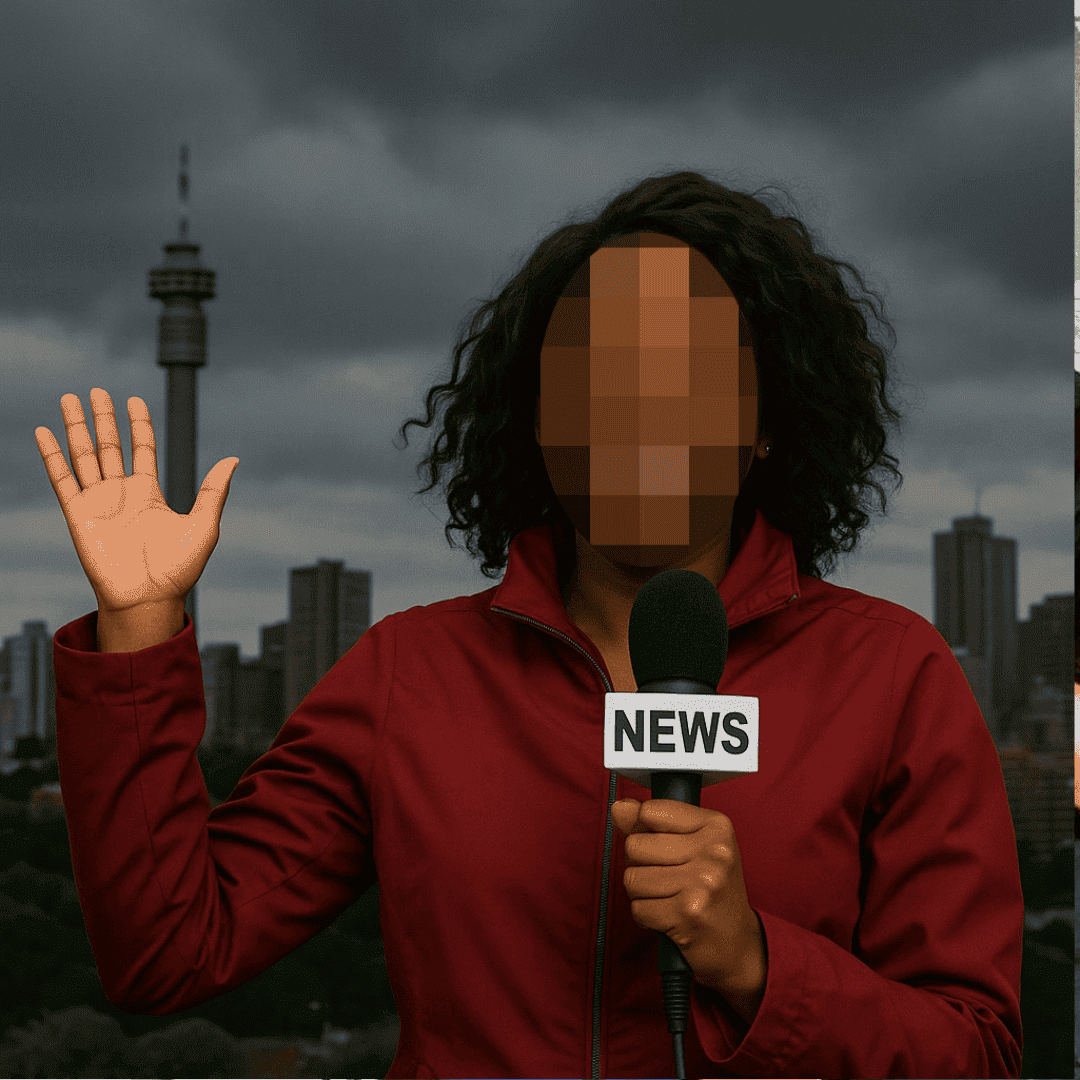 A person in a red jacket holds a microphone labeled “NEWS” and raises one hand while reporting on cross-border events outdoors, with a city skyline and tall tower visible under a cloudy sky. The person's face is pixelated.