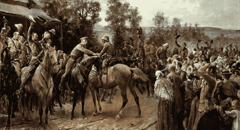 A historical scene depicts soldiers on horseback meeting and greeting a crowd of cheering townspeople and fellow soldiers, their raised hats and hands almost echoing cover versions of classic celebrations, all set in a rural landscape with trees and hills.