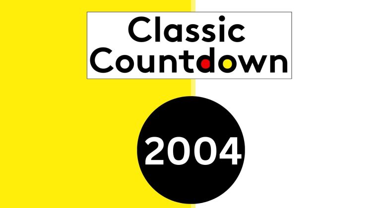 A graphic with a yellow and white split background, the words Classic Countdown in black text with colored letters, above a large black circle containing 2004 in white—perfect for highlighting classic songs from that unforgettable year.