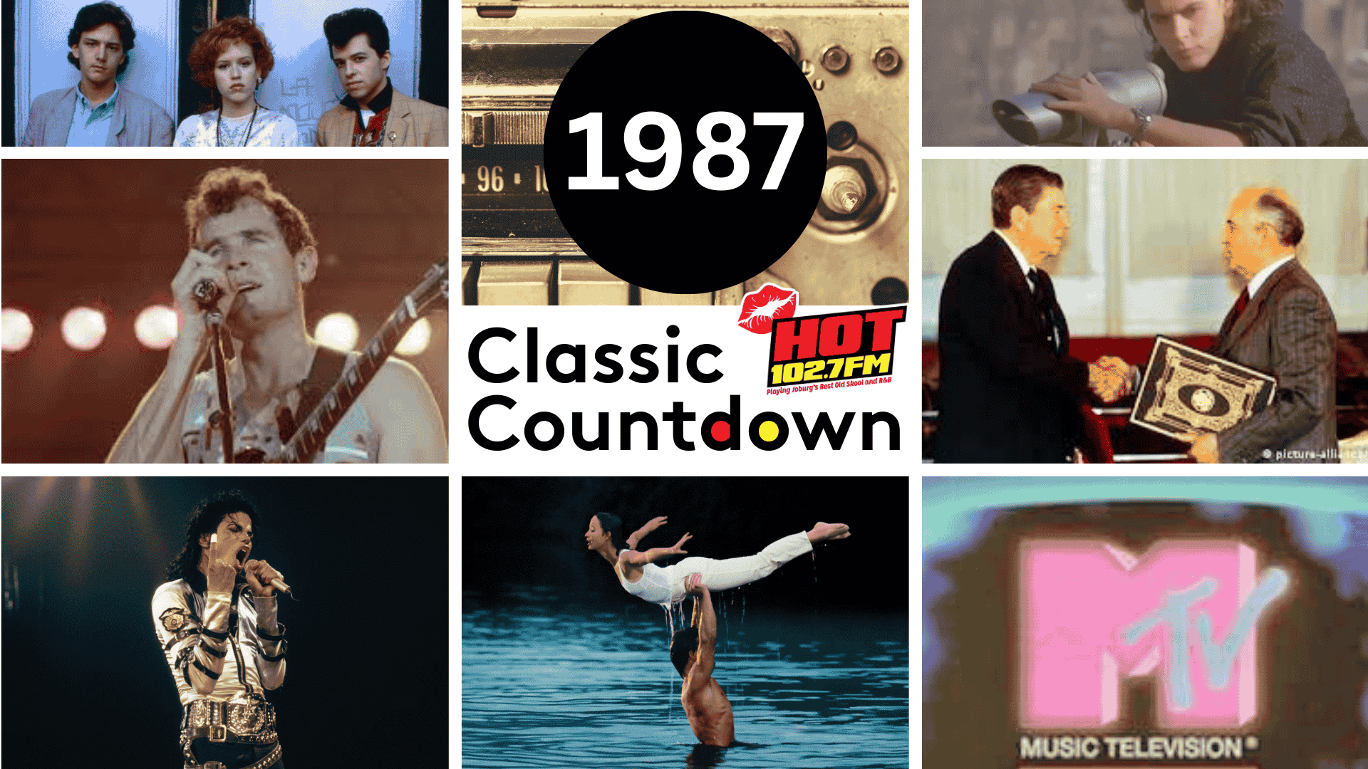 A collage titled 1987 Classic Countdown shows scenes from 1980s pop culture, including classic songs by musicians performing, a movie dance scene, a tape recorder, MTV logo, and politicians shaking hands.
