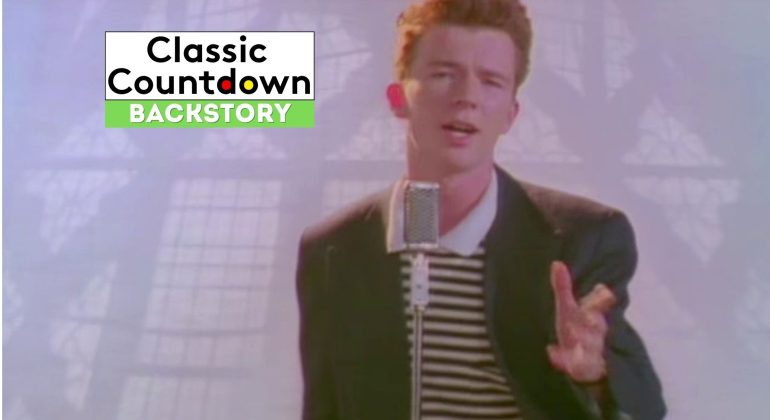 A man with reddish hair sings "Last Christmas" into a vintage microphone, wearing a striped shirt and dark jacket. Classic Countdown Backstory is displayed in a box in the top left corner of the image.