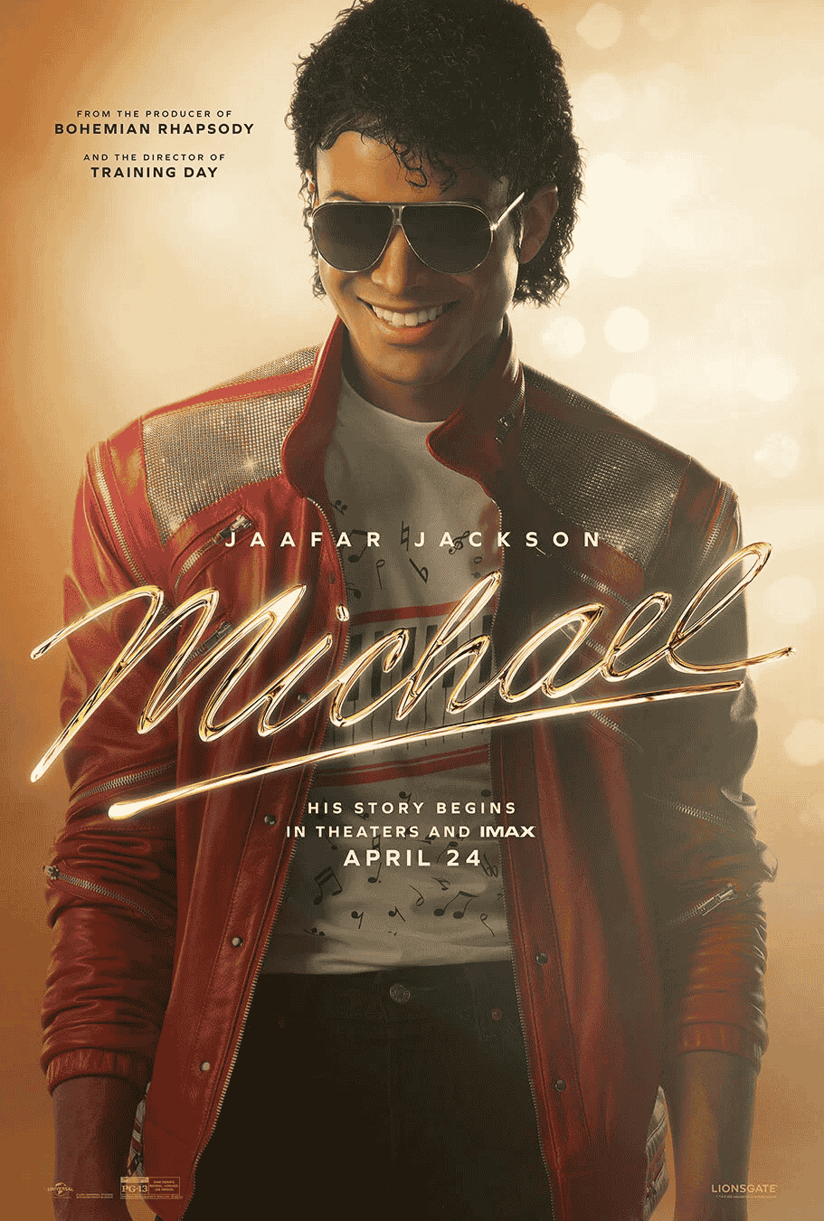 A smiling man wearing sunglasses, a red jacket, and a white shirt stands in front of a gold background. Text reads: Jaafar Jackson, Michael. Inspired by legends like Miriam Makeba, his story begins in theaters and IMAX April 24.