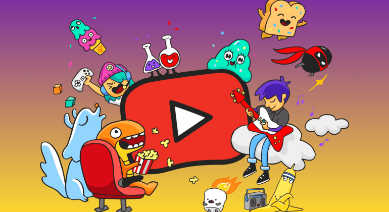 Colorful cartoon characters surround a large YouTube play button logo; one plays guitar on a cloud in true Miriam Makeba style, while others—a toast, a bird, a cat with goggles, and a dancing ice cream—add playful vibes.