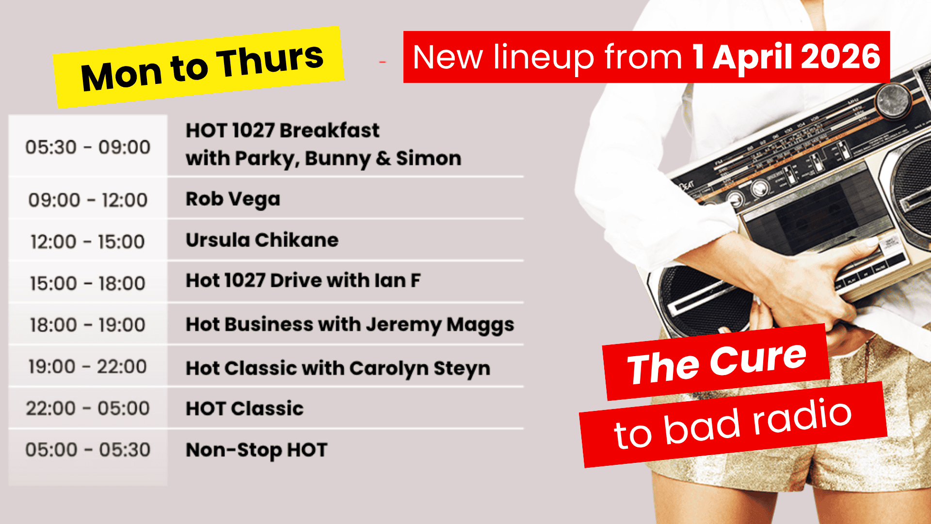 Radio schedule graphic with yellow Mon to Thurs banner, red details about new lineup from 1 April 2026, show times and hosts—including hot 1027 breakfast—listed left; right side shows person in white holding a large radio and red slogan, The Cure to bad radio.