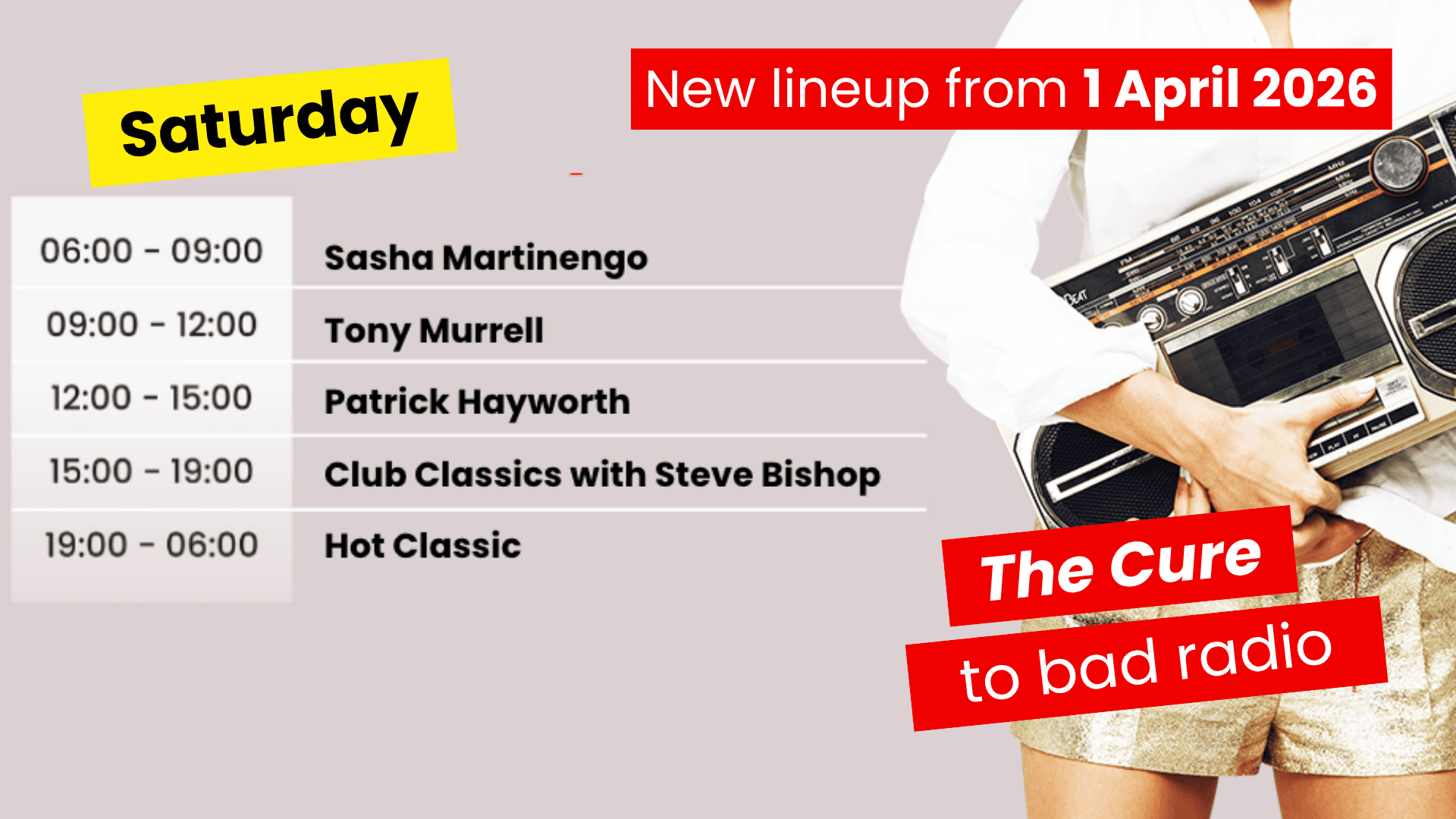 A radio schedule for Saturdays shows new DJs and times starting April 1, 2026, with a person holding a boombox. Text reads: The Cure to bad radio and lists the lineup from 6:00 to 6:00, featuring Hot 1027 Breakfast to start your day right.