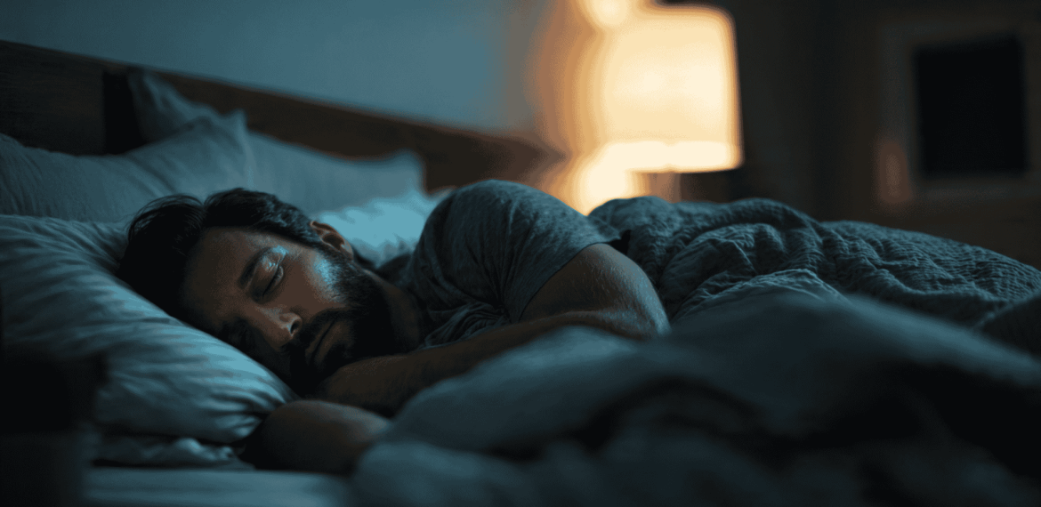 A man with a beard sleeps peacefully on his side in a dimly lit bedroom, partially covered by a blanket, as the soft glow of a lamp sets the mood—perhaps dreaming of tuning into Hot 1027 Breakfast in the morning.