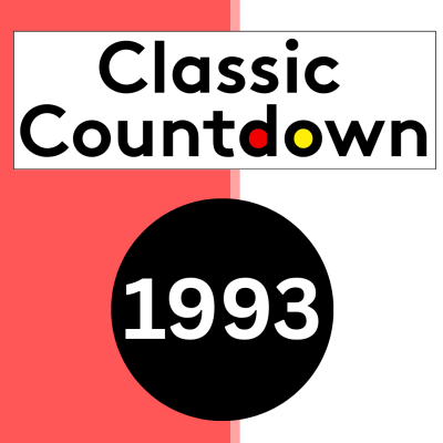 Graphic with the words Classic Countdown and a black circle containing 1993 in white text. The split red and white background hints at a nostalgic era, with Janet Jackson's hits among the chart-toppers that year.