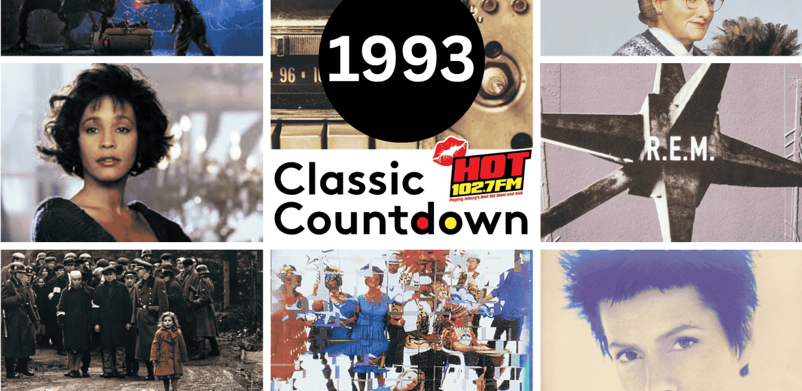 A collage of pop culture icons from 1993, including movies, music legends like Janet Jackson, and celebrities, surrounds a central black circle with “1993 Classic Countdown” and the HOT 102.7FM logo.